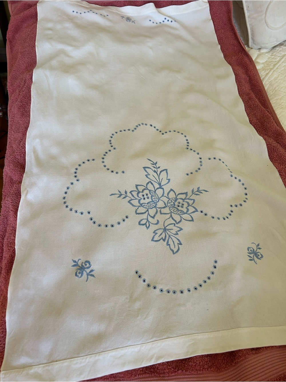 White Floral Embroidered Linen Runner with Blue Motif Cotton